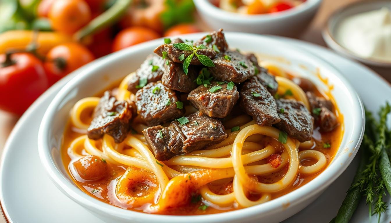 beef strips with pasta