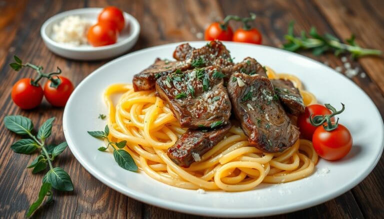 pasta and steak strips